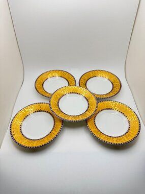 ROYAL CAFE Japan 24K gold Porcelain saucer plates(5) Floral Design Blue White 4"